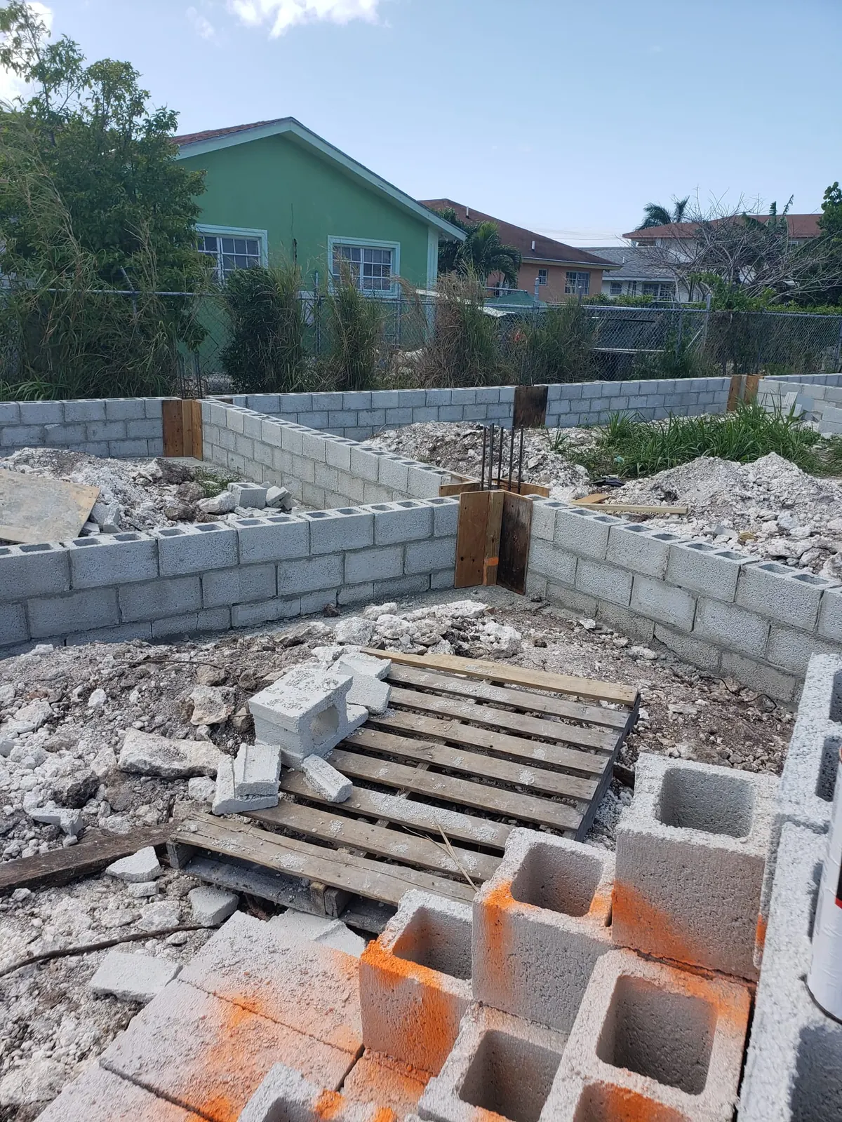 Block foundation walls on a residential site